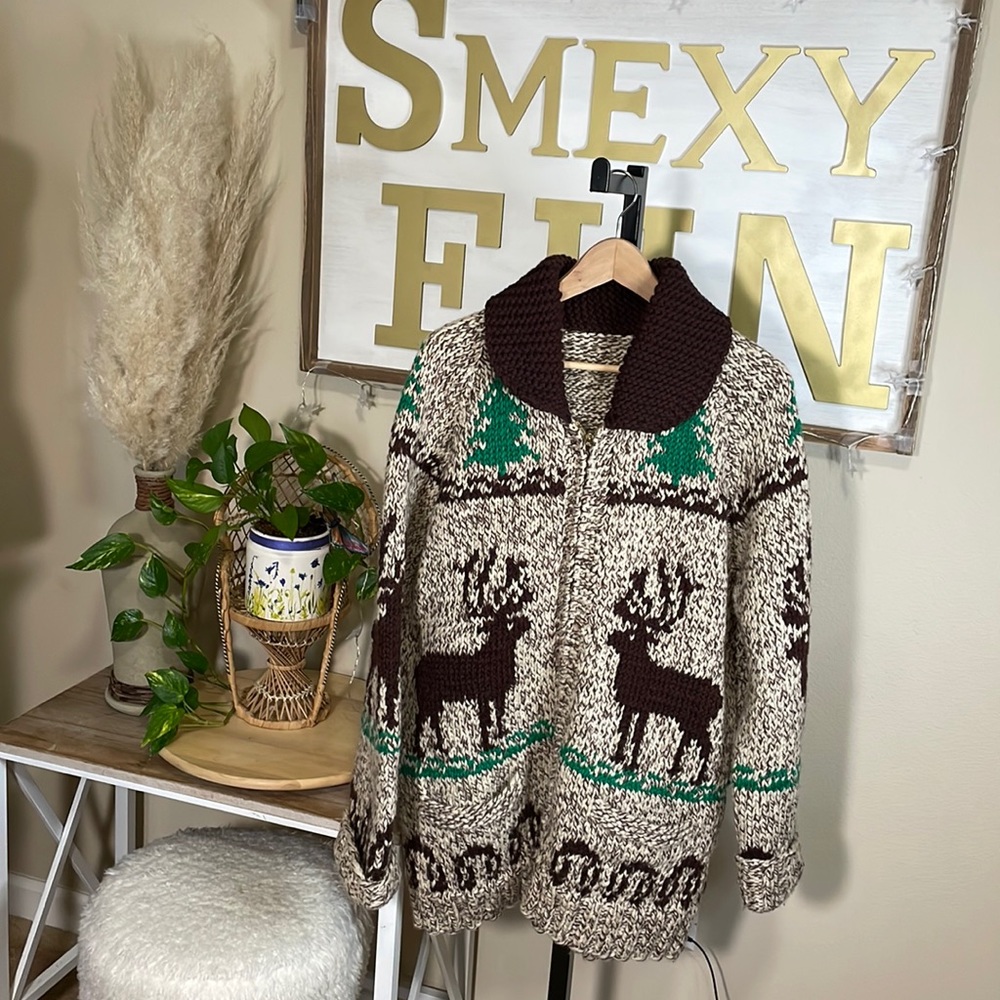 Vintage Hand Knit Wool Cowichan Siwash Sweater jacket, Moose designs 2X